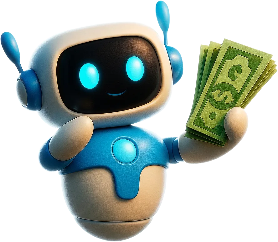 Friendly AI robot floating while holding a fan of cash